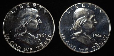 (2) 90% SILVER 1961 FRANKLIN HALF DOLLARS PROOF BU. BID WITH SILVER CITY AUCTIONS ESTIMATE $90 - 