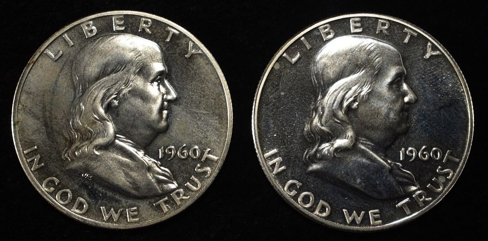 (2) 90% SILVER 1960 FRANKLIN HALF DOLLARS PROOF BU. LEADERS IN ON-LINE AUCTIONS ESTIMATE $90 - $130.