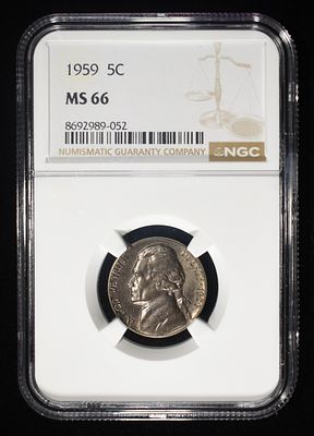 1959 JEFFERSON NICKEL NGC MS66. TOP RATED AUCTION HOUSE ESTIMATE $110 - $160.