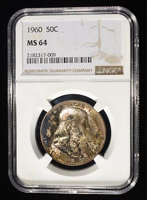 1960 FRANKLIN HALF NGC MS-64 COLOR. CHECK OUT OUR UPCOMING AUCTIONS ESTIMATE $60 - $80.