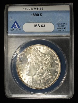 1890 MORGAN DOLLAR ANACS MS-63. LEADERS IN ON-LINE AUCTIONS ESTIMATE $130 - $150.