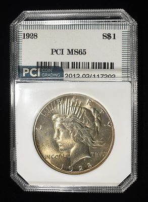 1928 PEACE DOLLAR PCI GEM BU. LEADERS IN ON-LINE AUCTIONS ESTIMATE $1200 - $1700.