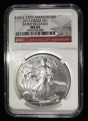 2011 SILVER EAGLE NGC MS-69 EARLY RELEASE. LEADERS IN ON-LINE AUCTIONS ESTIMATE $130 - $150.