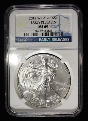 2012-W SILVER EAGLE NGC MS-69 EARLY RELEASE. TOP RATED AUCTION HOUSE ESTIMATE $130 - $150.