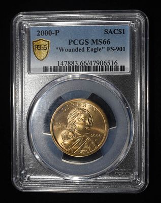2000-P SACAGAWEA DOLLAR "WOUNDED EAGLE" PCGS MS-66. FS-901 ESTIMATE $800 - $900.