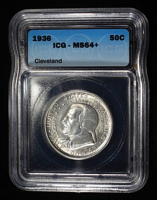 1936 CLEVELAND COMMEM HALF ICG MS-64+. LEADERS IN ON-LINE AUCTIONS ESTIMATE $130 - $150.