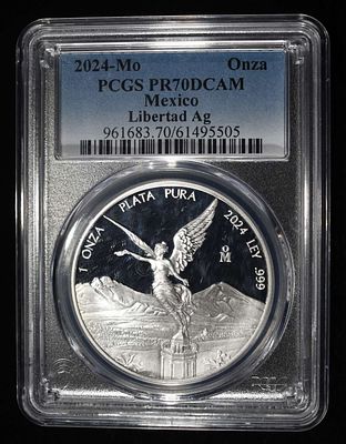 2024 MEXICO 1 OZ .999 SILVER ROUND PCGS PR70DCAM. TOP RATED AUCTION HOUSE ESTIMATE $120 - $170.