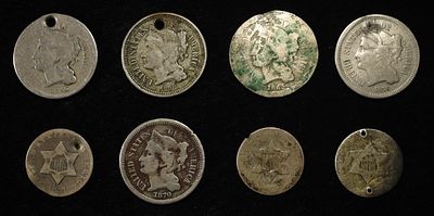 3 CENT PIECE COLLECTORS LOT. (2) 1865, 1866, 1870, 1873 NICKEL & 1851, (2) NO DATE SILVER. MOST 