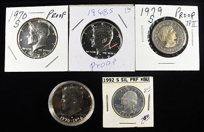 COLLECTORS LOT MOSTLY SILVER COINS. 1979-S SBA TYPE 2 PROOF, 1968-S, 1970-S & 1976-S 40% SILVER 
