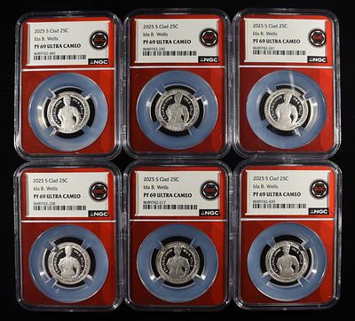 (6) 2025-S CLAD IDA B. WELLS 25C NGC PF69. ULTRA CAMEO TOP RATED AUCTION HOUSE ESTIMATE $120 - $170.