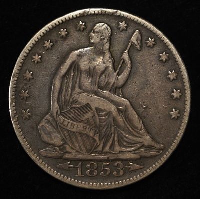 1853 LIBERTY SEATED HALF DOLLAR VF. WEEKLY COIN & CURRENCY AUCTIONS ESTIMATE $250 - $300.