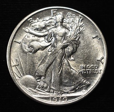 1919 WALKING LIBERTY HALF AU/BU. LEADERS IN ON-LINE AUCTIONS ESTIMATE $2000 - $2500.