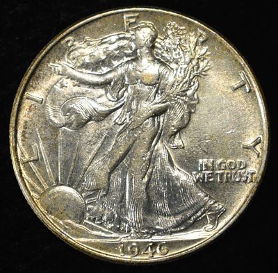 1946 WALKING LIBERTY HALF AU/BU. WEEKLY COIN & CURRENCY AUCTIONS ESTIMATE $50 - $75.