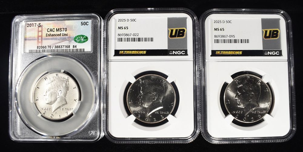 2017-S CAC MS-70, (2) 2025-D NGC MS-65 KENNEDY. 2017-S ENHANCED UNCIRCULATED. ESTIMATE $75 - $100.