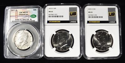 2017-S CAC MS-70, (2) 2025-D NGC MS-65 KENNEDY. 2017-S ENHANCED UNCIRCULATED. ESTIMATE $75 - $100.