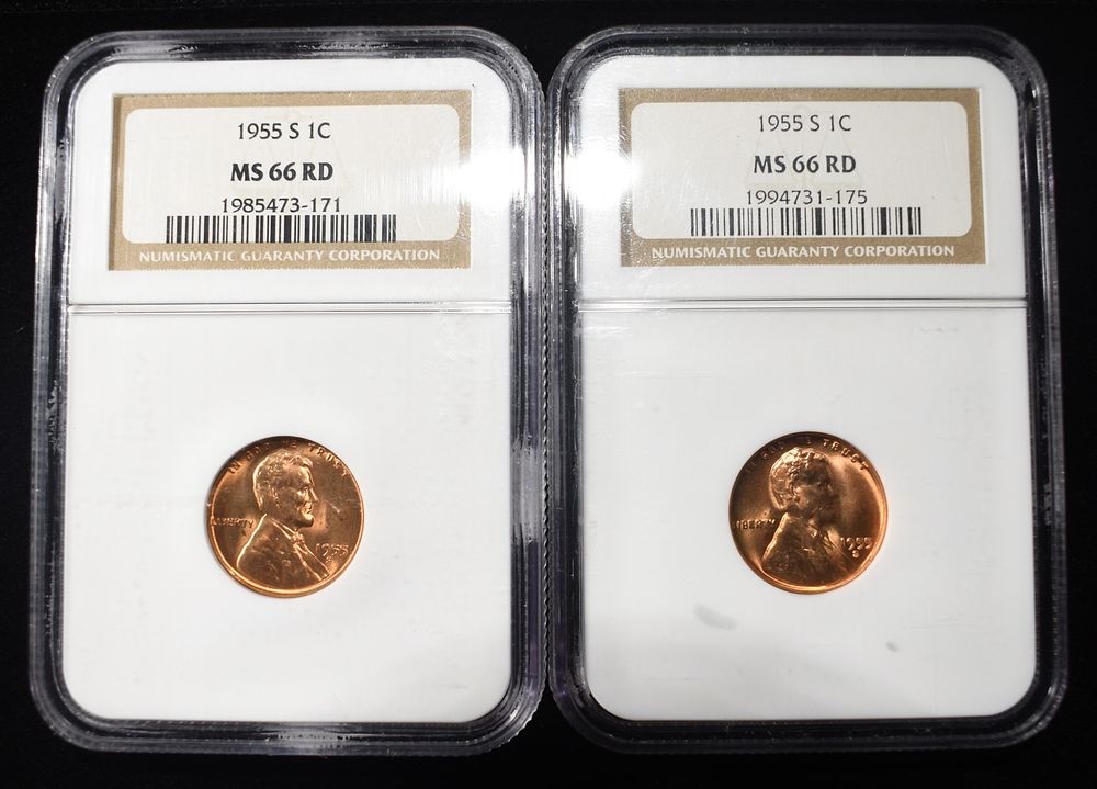 (2) 1955-S WHEAT CENTS NGC MS 66RD. WEEKLY COIN & CURRENCY AUCTIONS ESTIMATE $90 - $130.