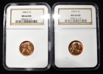 (2) 1955-S WHEAT CENTS NGC MS 66RD. WEEKLY COIN & CURRENCY AUCTIONS ESTIMATE $90 - $130.