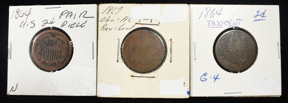(2) 1864 & (1) 1867 2-CENT PIECES. CHECK OUT OUR UPCOMING AUCTIONS ESTIMATE $90 - $130.