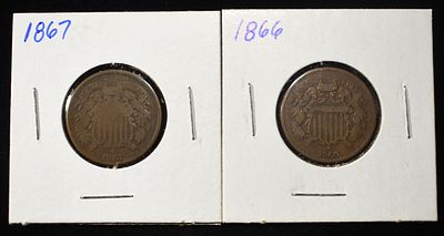 1866 & 1867 2-CENT PIECES. BID WITH SILVER CITY AUCTIONS ESTIMATE $120 - $180.