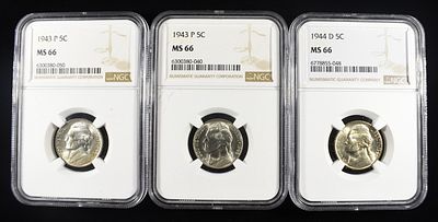 (2) 1943-P & (1) 1944-D WAR NICKELS NGC MS66. WEEKLY COIN & CURRENCY AUCTIONS ESTIMATE $100 - $150.