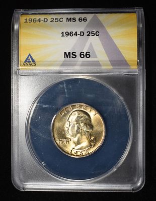 1964-D WASHINGTON QUARTER ANACS MS66. CHECK OUT OUR UPCOMING AUCTIONS ESTIMATE $75 - $100.