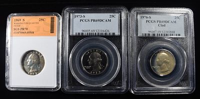 (3) GRADED WASHINGTON QUARTERS. 1969-S WASHINGTON QUARTER PROOF SGS PERFECT GEM PROOF, 1973-S 