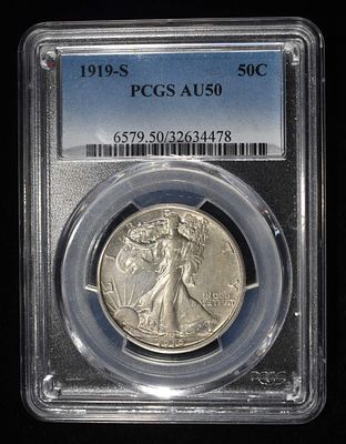 1919-S WALKING LIBERTY HALF DOLLAR PCGS AU50. TOP RATED AUCTION HOUSE ESTIMATE $3000 - $3500.