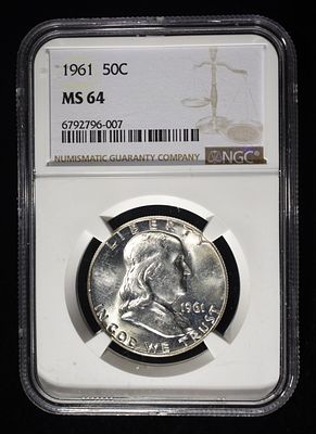 1961 FRANKLIN HALF DOLLAR NGC MS64. TOP RATED AUCTION HOUSE ESTIMATE $40 - $60.