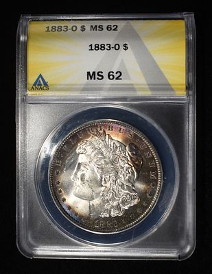 1883-O MORGAN DOLLAR ANACS MS62. TOP RATED AUCTION HOUSE ESTIMATE $110 - $160.