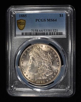1885 MORGAN DOLLAR PCGS MS64. LEADERS IN ON-LINE AUCTIONS ESTIMATE $130 - $180.