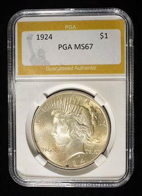 1924 PEACE DOLLAR PGA SUPERB GEM BU. LEADERS IN ON-LINE AUCTIONS ESTIMATE $600 - $700.