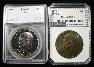 (2) GRADED EISENHOWER DOLLARS. 1976 TYPE 2 EISENHOWER DOLLAR PCI SUPERB GEM BU & 1976-S 