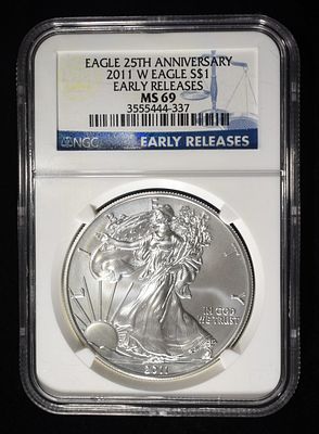 2011-W AMERICAN SILVER EAGLE MS69. LEADERS IN ON-LINE AUCTIONS ESTIMATE $100 - $150.