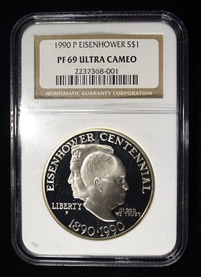1990-P $1 COMMEM EISENHOWER NGC PF69 ULTRA CAMEO. TOP RATED AUCTION HOUSE ESTIMATE $60 - $80.