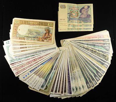 MIXED FOREIGN NOTES COLLECTION LOT. (5) DIFFERENT 100 CENT FRANCS NOTES, GERMANY 20 DEUTSCHE 