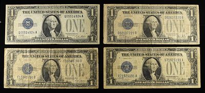 (4) NICE FUNNY BACK NOTES. 1928 SILVER CERTIFICATES FUNNY BACKS! ESTIMATE $80 - $100.