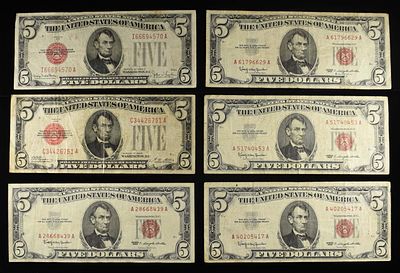 (6) $5 LEGAL TENDER NOTES 1928 & 1963. (2) 1928: VF & XF (4) 1963 ALL XF ESTIMATE $150 - $200.