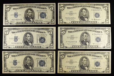 (6) $5 SILVER CERTIFICATES 1934 & 1953. (3) 1934 XF (3) 1953 XF ESTIMATE $100 - $120.