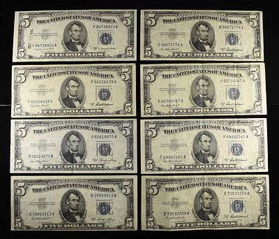 (8) NICE 1953 $5 SILVER CERTIFICATES. ALL 1953. (50AU & (3)XF ESTIMATE $160 - $180.