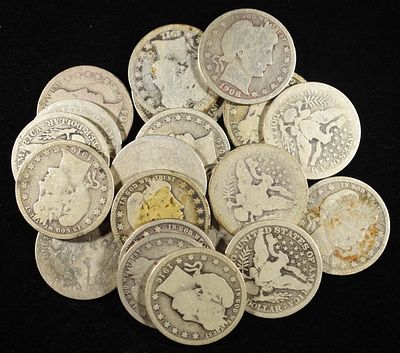 (20) 90% SILVER BARBER QUARTERS. BID WITH SILVER CITY AUCTIONS ESTIMATE $440 - $490.
