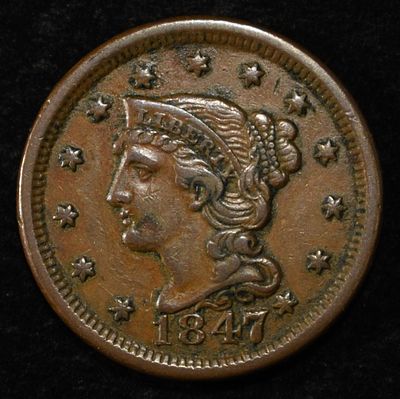 1847 LARGE CENT XF/AU. LEADERS IN ON-LINE AUCTIONS ESTIMATE $120 - $150.