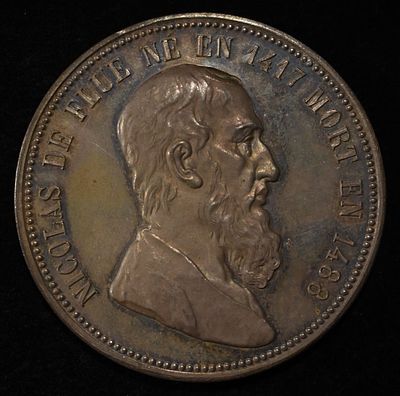 1881 SWISS SILVER SHOOTING MEDAL FRIBOURG. 48mm. NICOLAS DE FLUE 500TH ANNIVERSARY OF BIRTH. 