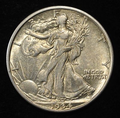 1934-D WALKING LIBERTY HALF DOLLAR AU/BU. BID WITH SILVER CITY AUCTIONS ESTIMATE $150 - $200.