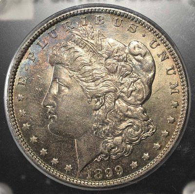 1899 MORGAN DOLLAR AU/BU COLOR. WEEKLY COIN & CURRENCY AUCTIONS ESTIMATE $300 - $350.