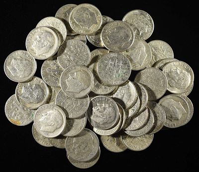 (50) 90% SILVER ROOSEVELT DIMES. TOP RATED AUCTION HOUSE ESTIMATE $430 - $480.