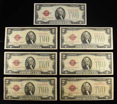 (7) $2 LEGAL TENDER NOTES 1928. NICE 1928 NOTES (2) XF & (5) VF ESTIMATE $80 - $100.