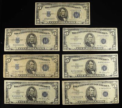 (7) $5 SILVER CERTIFICATES 1934 & 1953. (3) 1934 XF (4) 1953 XF ESTIMATE $120 - $140.