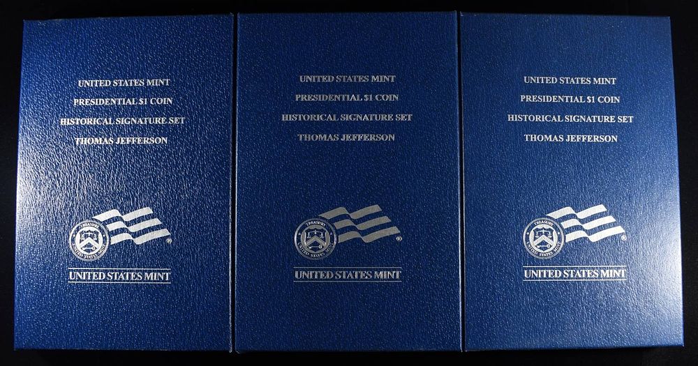 (3) 2007 THOMAS JEFFERSON HISTORCIAL SIGNATURE SET. LEADERS IN ON-LINE AUCTIONS ESTIMATE $60 - $80.