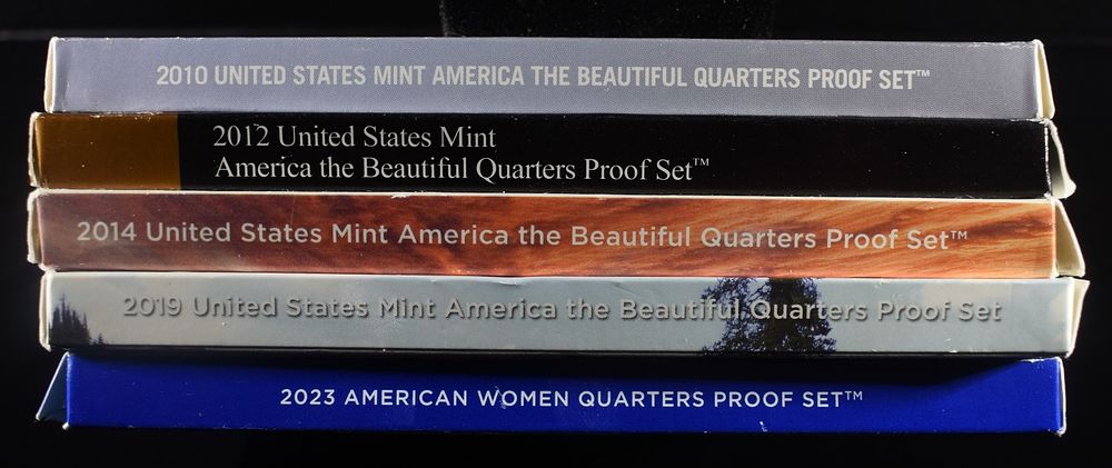 (5) QUARTER PROOF SETS. INCLUDES 2010, 2012, 2014, 2019, 2023 ESTIMATE $90 - $110.