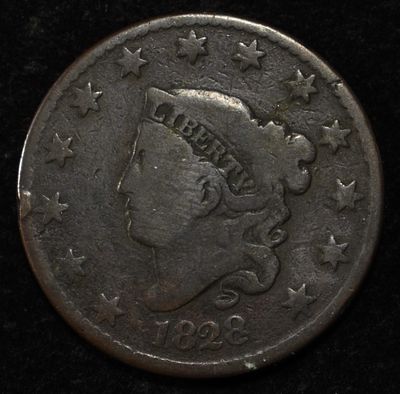 1828 CORONET HEAD LARGE CENT SMALL DATE VG. BID WITH SILVER CITY AUCTIONS ESTIMATE $160 - $210.